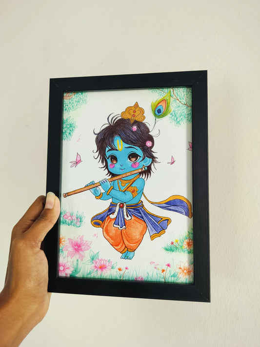 🌼 Krishna Art Piece – A5 🎻💙